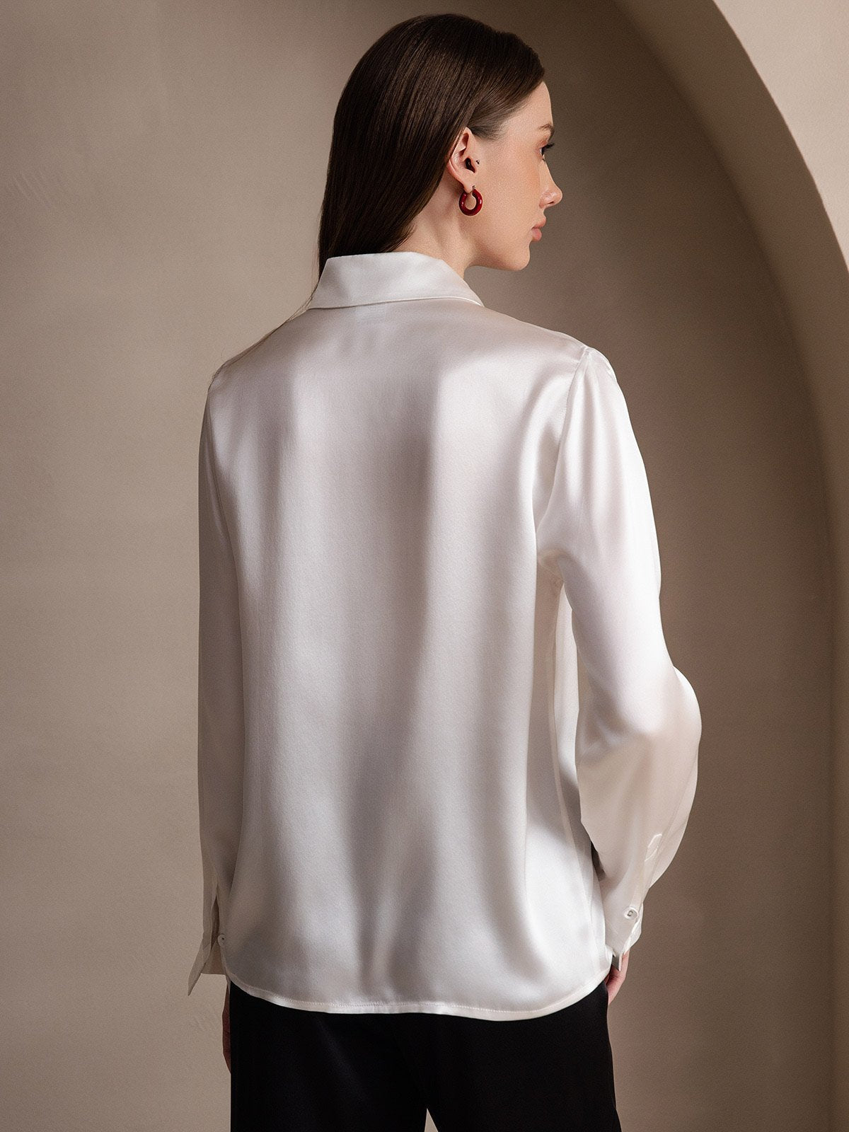 SilkSilky-UK 19Momme Silk Long Sleeve Collar Women's Shirt White 002