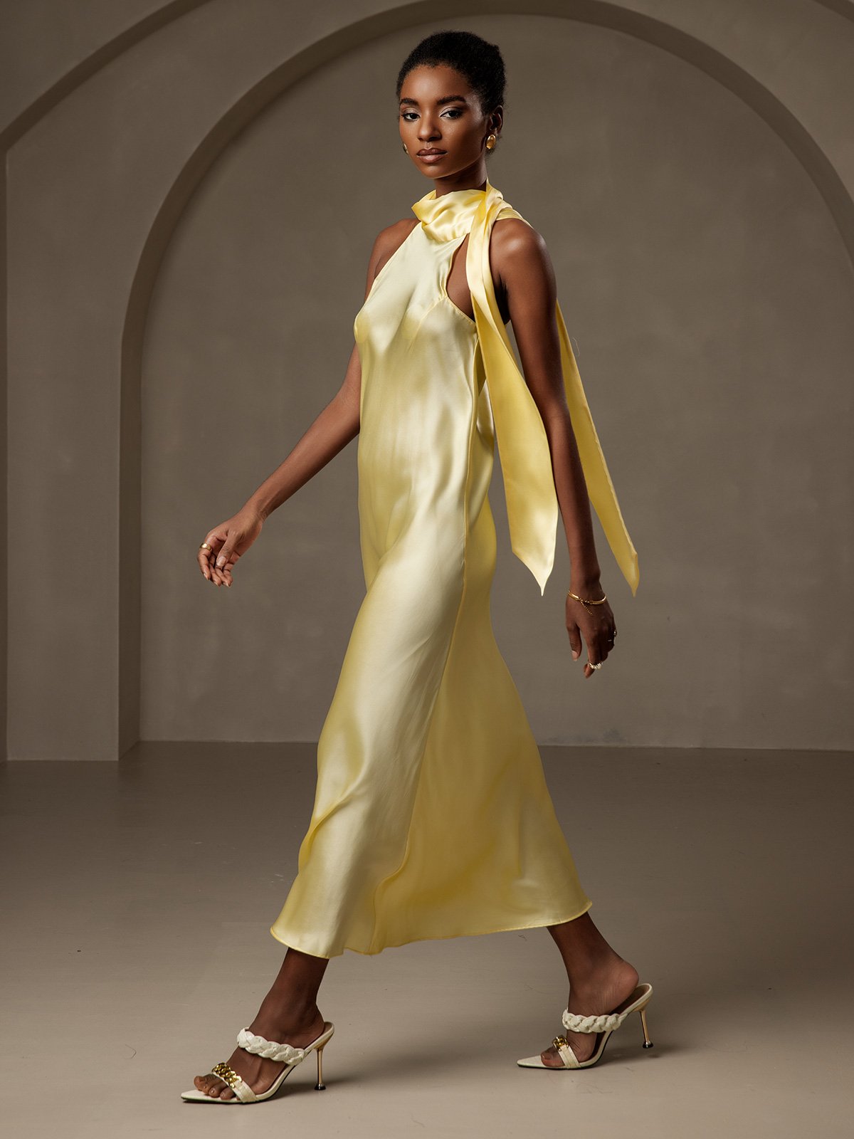 [Light Yellow] SilkSilky-UK 19Momme Silk Sleeveless Tie Neck Dress 006