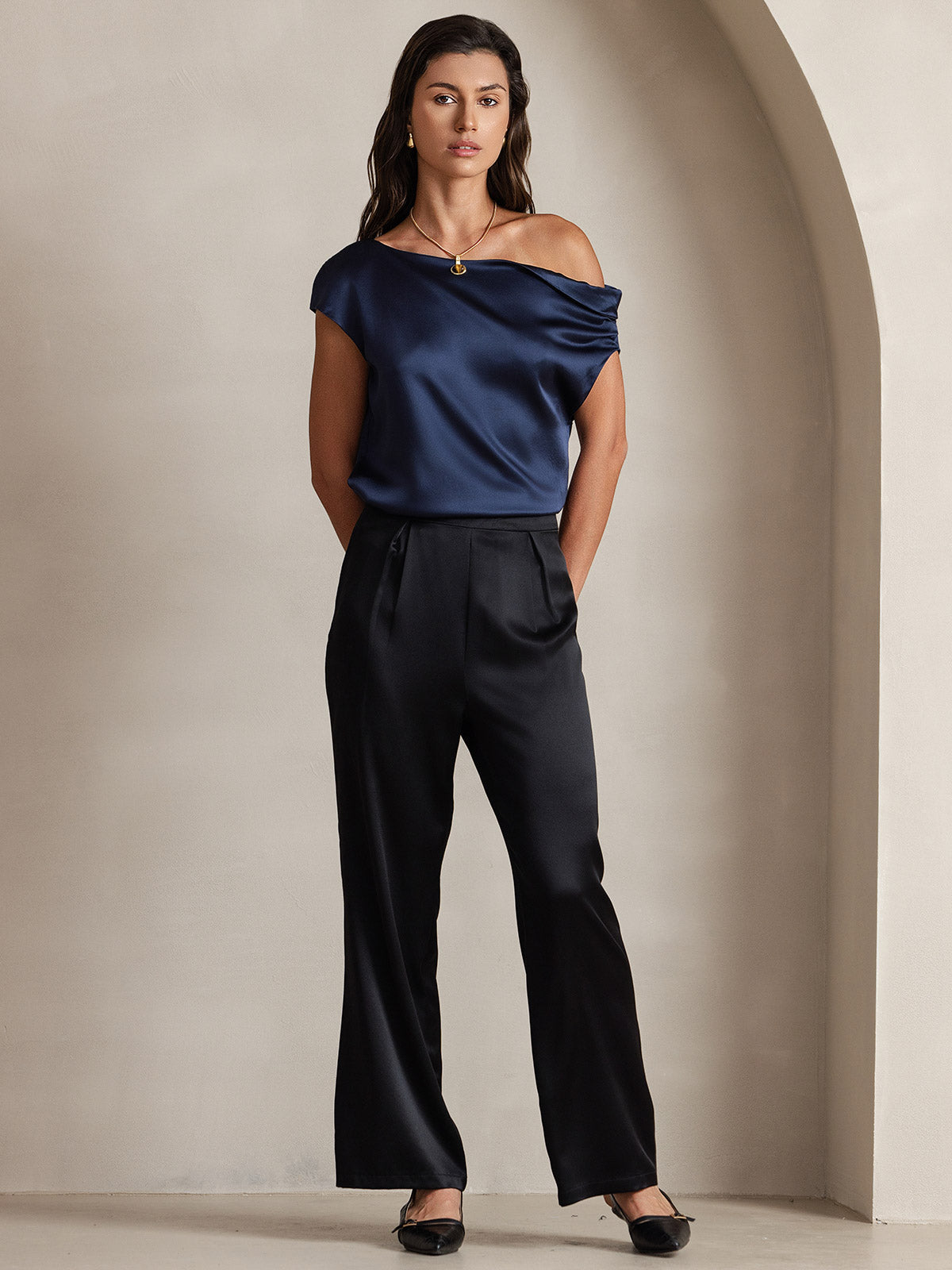 [Dark Blue] SilkSilky-UK 19Momme Silk One Shoulder Women's T-Shirt 001