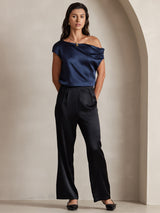 [Dark Blue] SilkSilky-UK 19Momme Sleeveless One Shoulder Women's T-Shirt 001