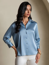 [Grayish Blue] SilkSilky-UK 19Momme Stretch Silk Charmeuse 3/4 Sleeve Lapel Collar Women's Shirt 003