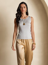 [Gray] SilkSilky-UK 100% Silk Jersey Sleeveless Round Neck Women's T-Shirt 004