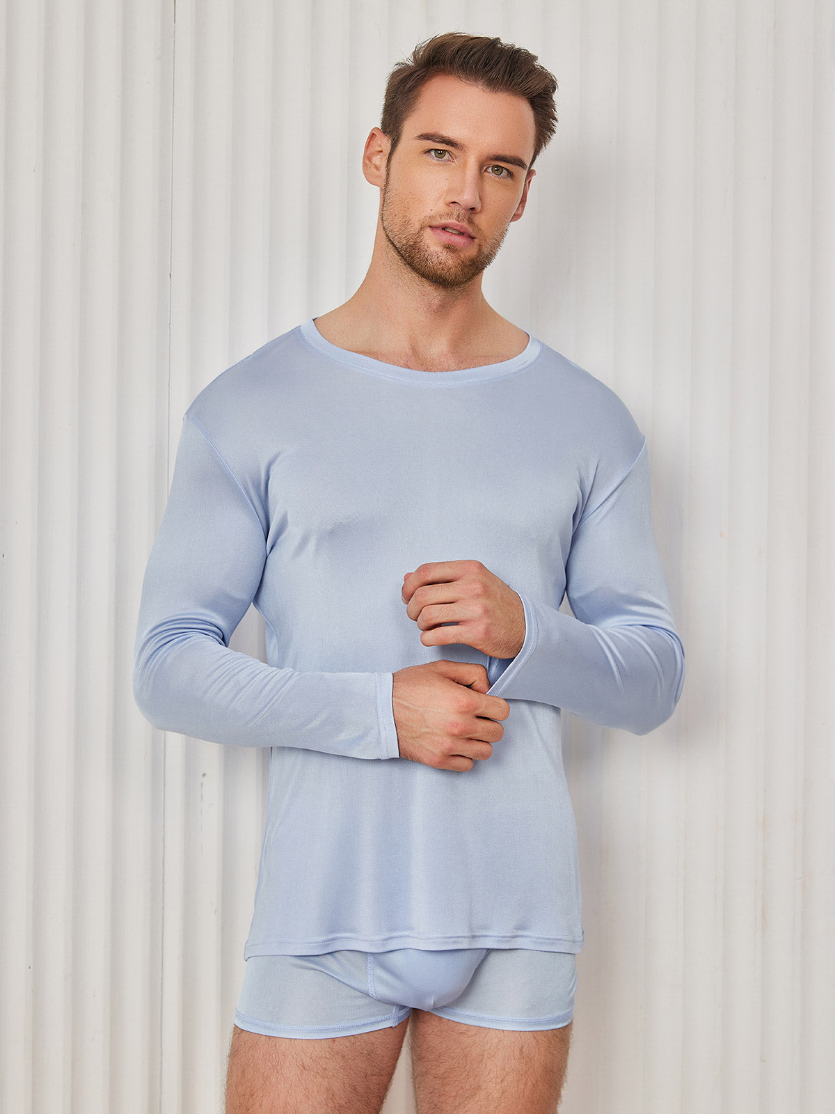 SilkSilky UK Silk Knitted Long Sleeve Round Neck Men's T Shirt LightBlue 005