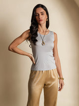 [Gray] SilkSilky-UK 100% Silk Jersey Sleeveless Round Neck Women's T-Shirt 001
