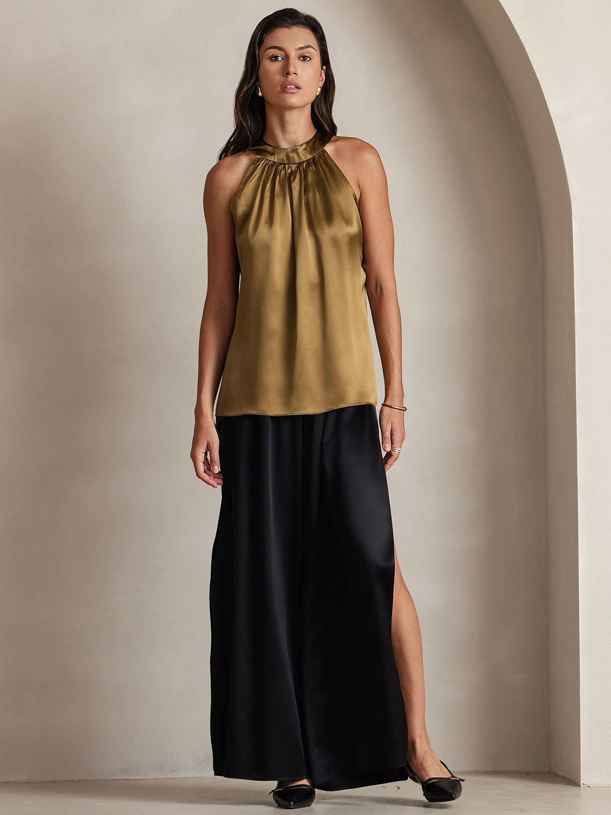 [Brown] SilkSilky-UK 19Momme Silk Sleeveless Halter Neck Women's T-Shirt 003