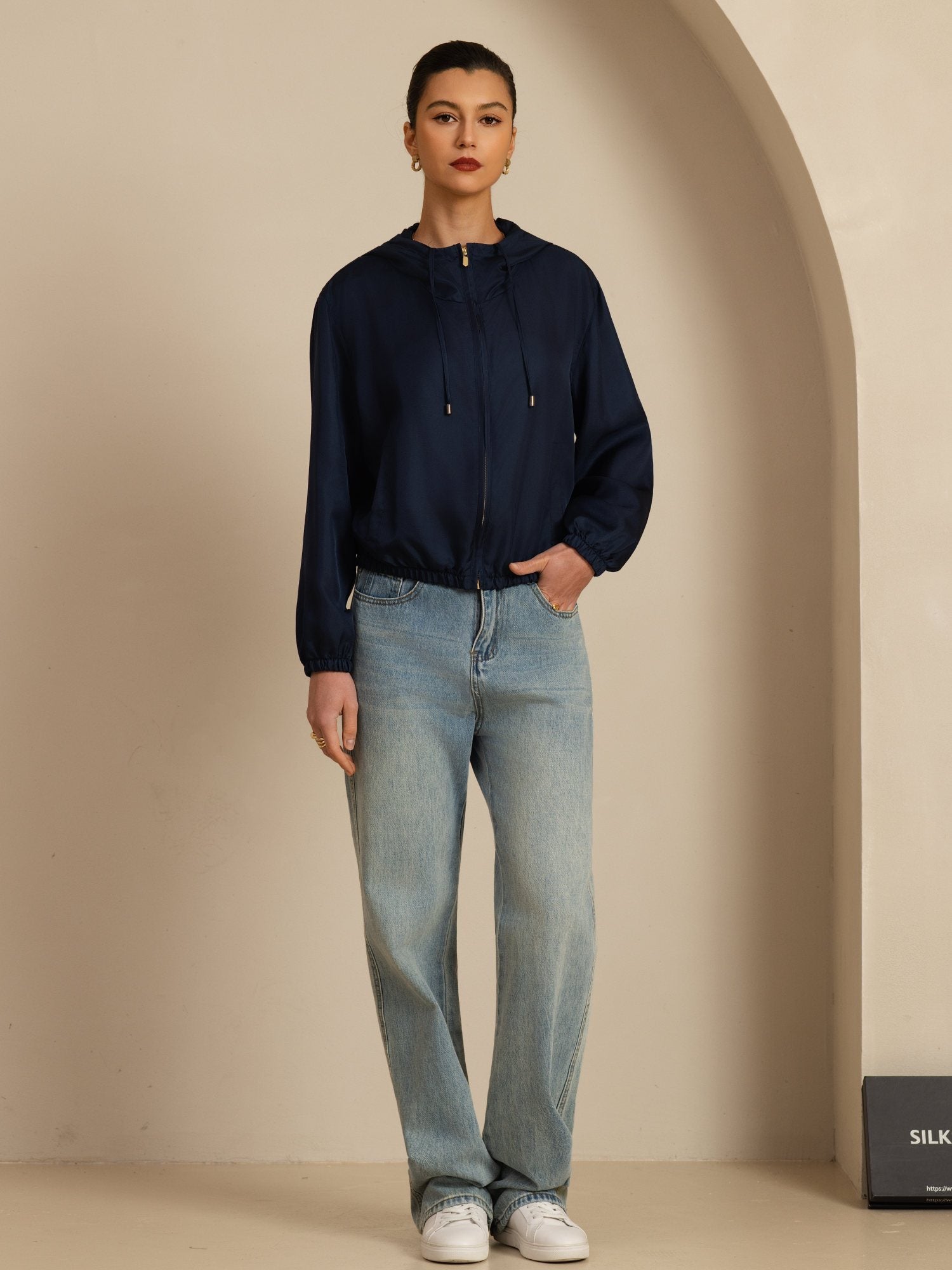 [DarkBlue] SilkSilky-UK 18Momme Silk Satin Surah Long Sleeve Stand Collar Women's Outerwear 007