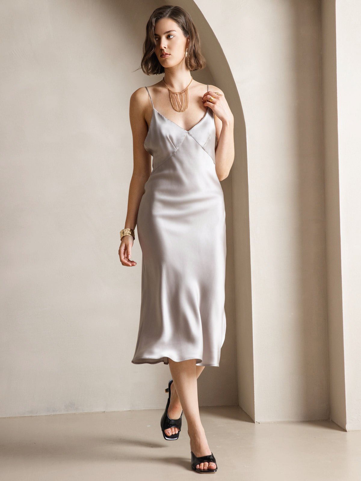 [Gray] SilkSilky-UK 19Momme Pure Silk V Neck Dress 006