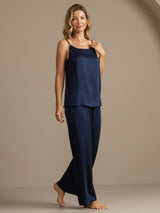 [Dark Blue] SilkSilky-UK 19Momme Machine-Washable Silk Spaghetti Strap Scoop Neck Camisole Set 007