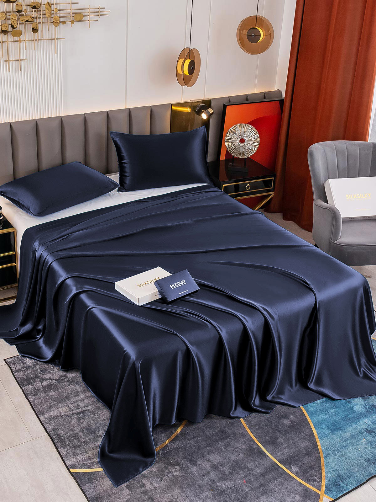 SilkSilky UK 19Momme Pure Silk Bedding Set DarkBlue 001