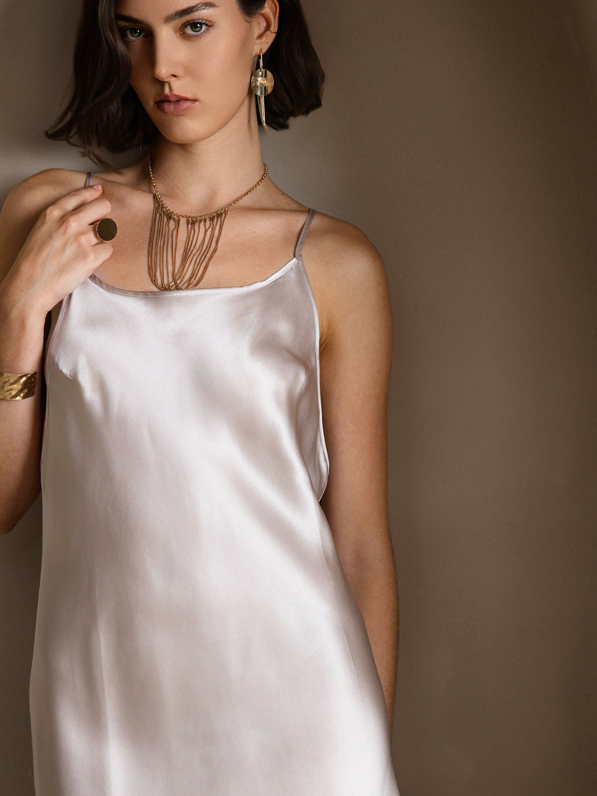 [Beige] SilkSilky-UK Pure Silk Round Neck Dress 005