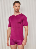 SilkSilky UK Silk Knitted Short Sleeve V Neck Men's T Shirt DarkRed 003