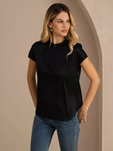 [Black] SilkSilky-UK Short Sleeve Split Women's Blouse 001
