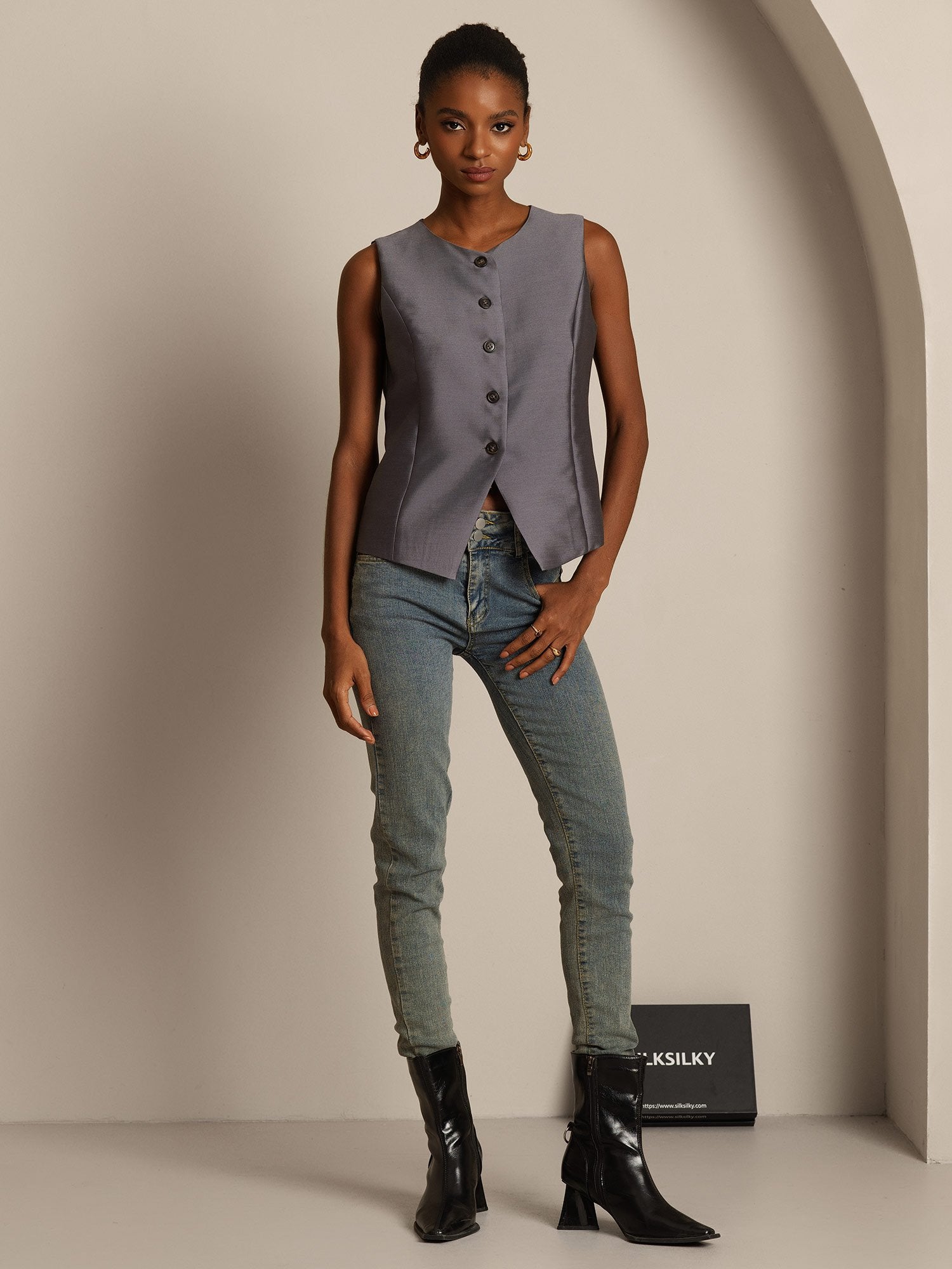 [Gray] SilkSilky-UK 32Momme Silk-Wool Blend Womens Vest 008