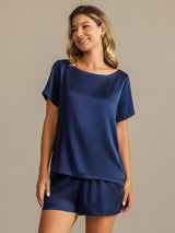[Dark Blue] SilkSilky-UK 19Momme Machine-Washable Silk Short Sleeve Round Neck Women's Pyjamas 007