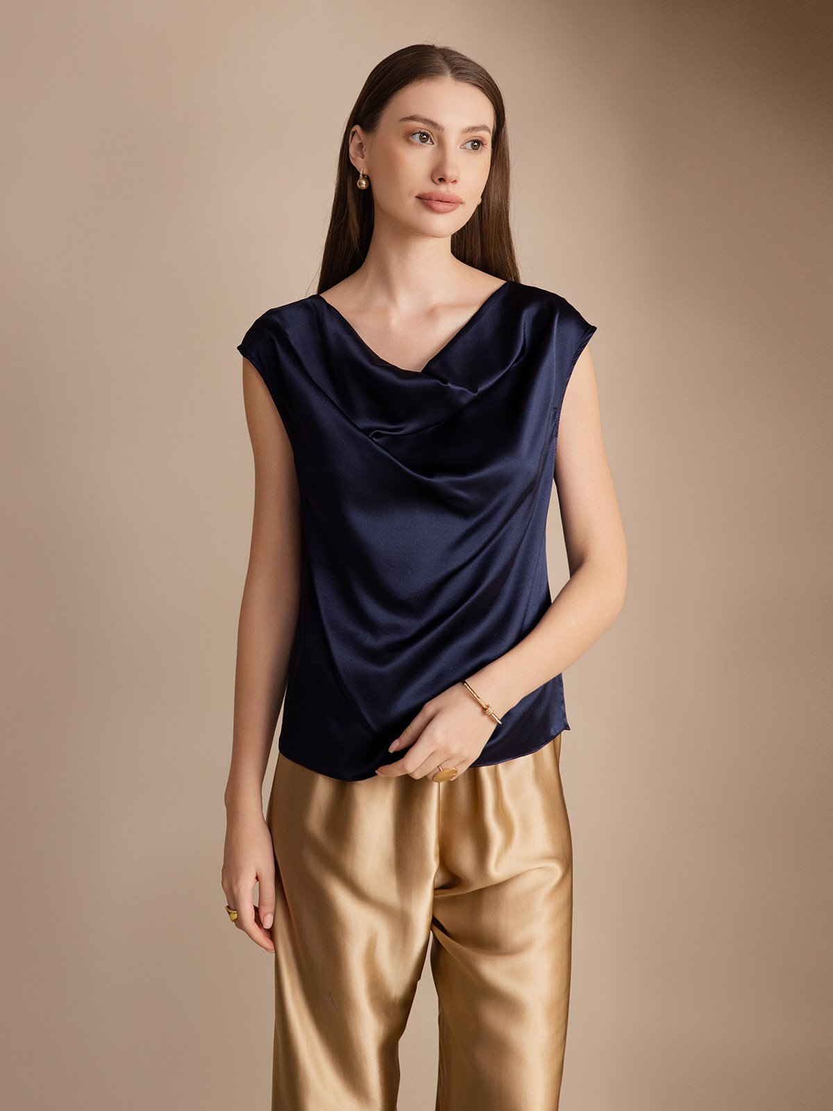 [Dark Blue] SilkSilky-UK 19Momme Silk Sleeveless Cowl Neck Women's T-Shirt 001
