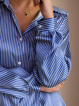 [Blue Pinstripe] SilkSilky-UK Long Sleeve Lapel Collar Women's Shirt 006