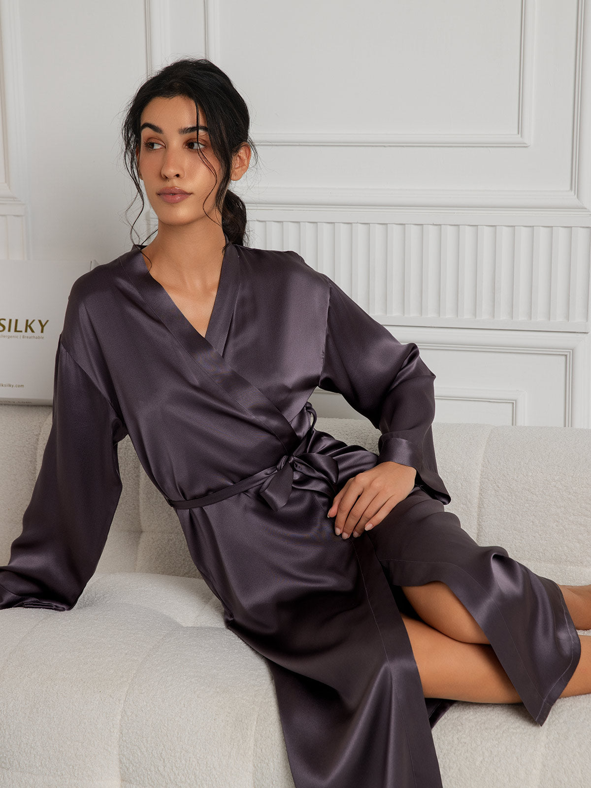 SilkSilky-UK Pure Silk Long Sleeve Womens Robe PurpleGray 005