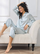 [Light Blue] SilkSilky-UK Long Sleeve Lapel Collar Women's Pyjamas 001