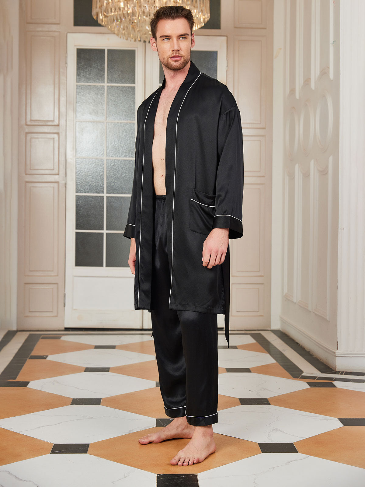 SilkSilky UK Pure Silk 3/4 Sleeve Deep V Neck Men's Dressing Gown Black 002