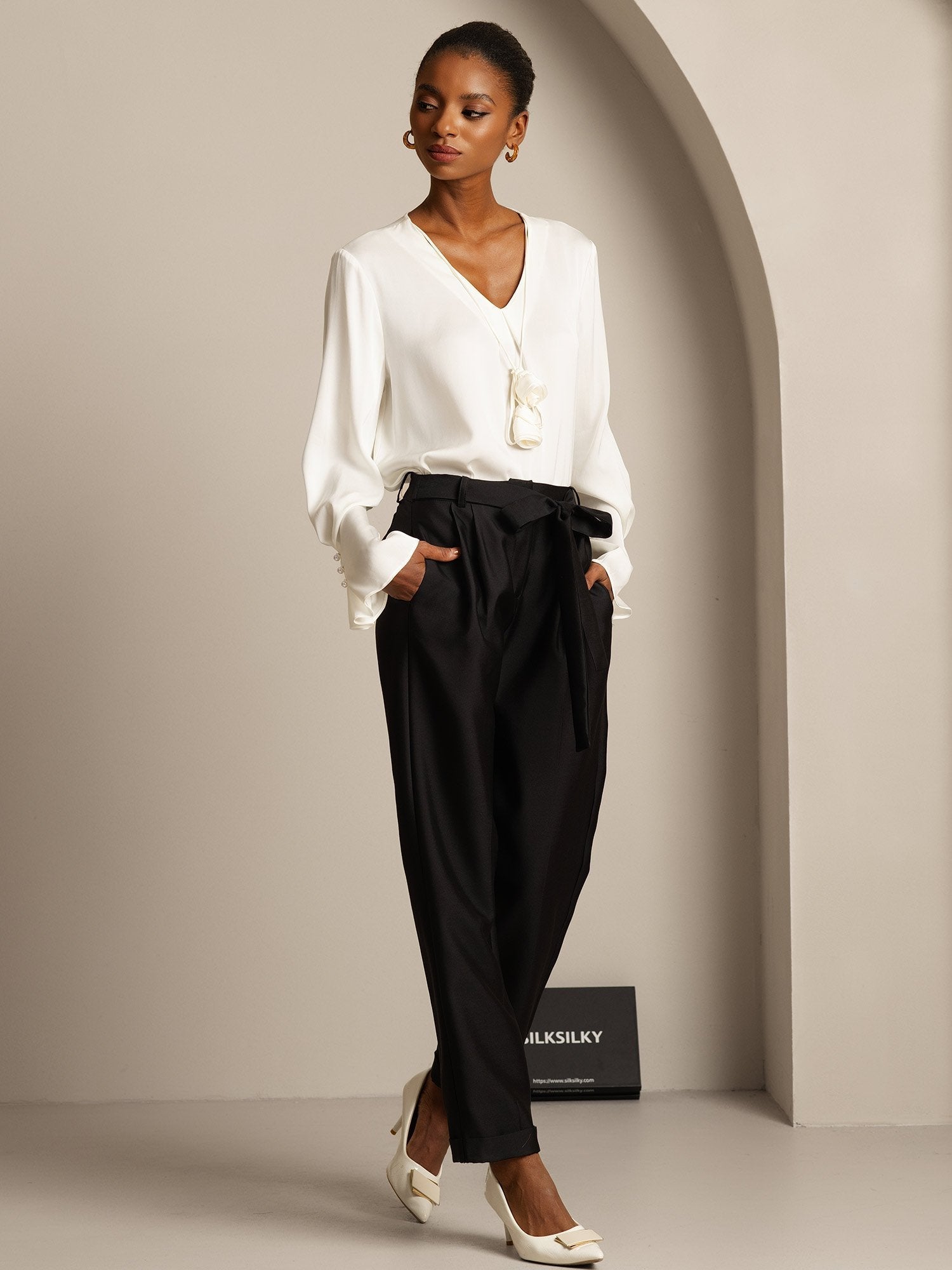 [Black] SilkSilky-UK 32Momme Silk-Wool Blend Womens Pants 005,