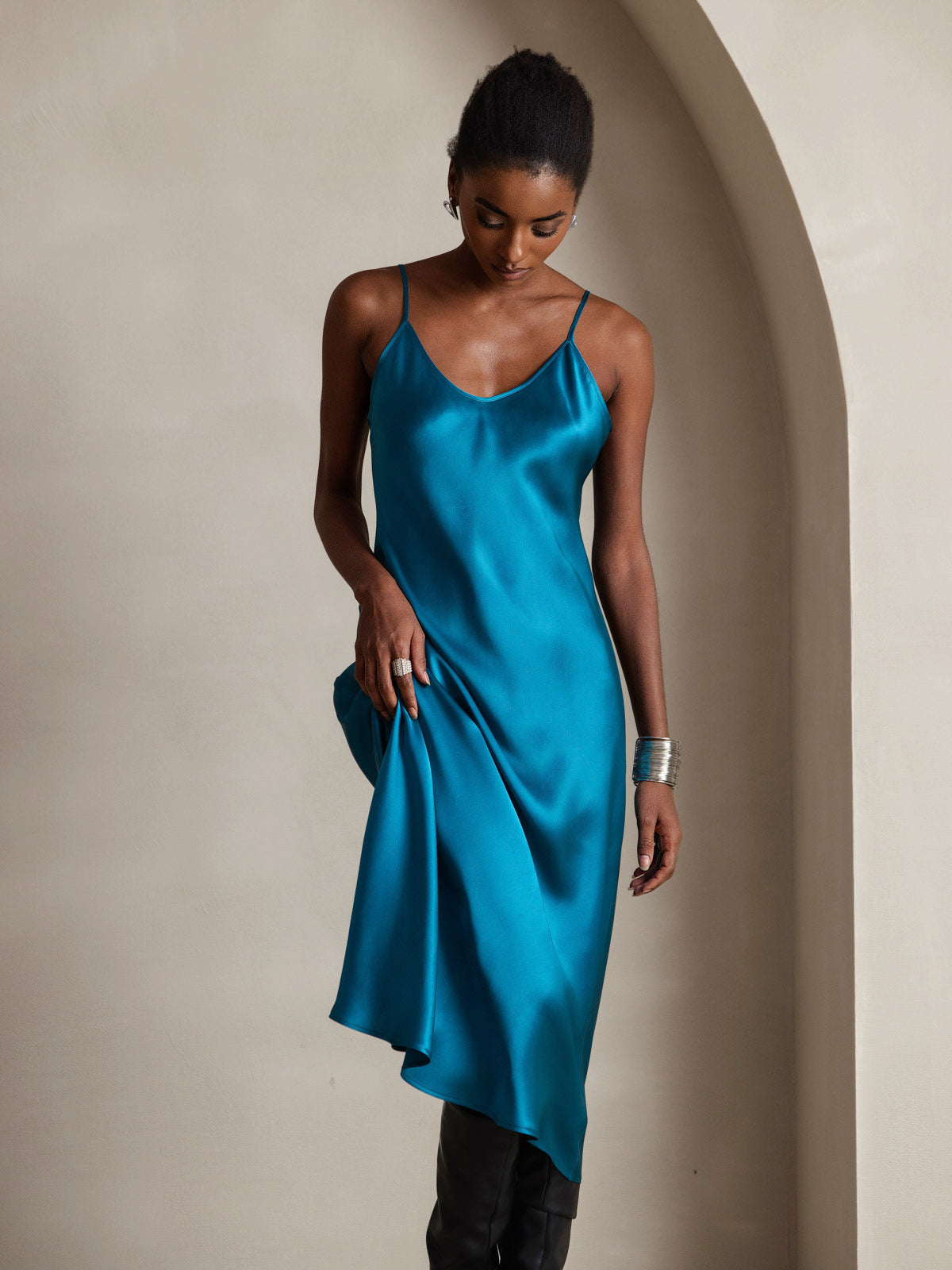 [Teal] SilkSilky-UK Spaghetti Strap V Neck Dress 003