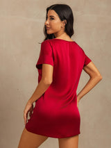 [Wine] SilkSilky-UK 19Momme Machine-Washable Silk Short Sleeve Round Neck Nightdress 002