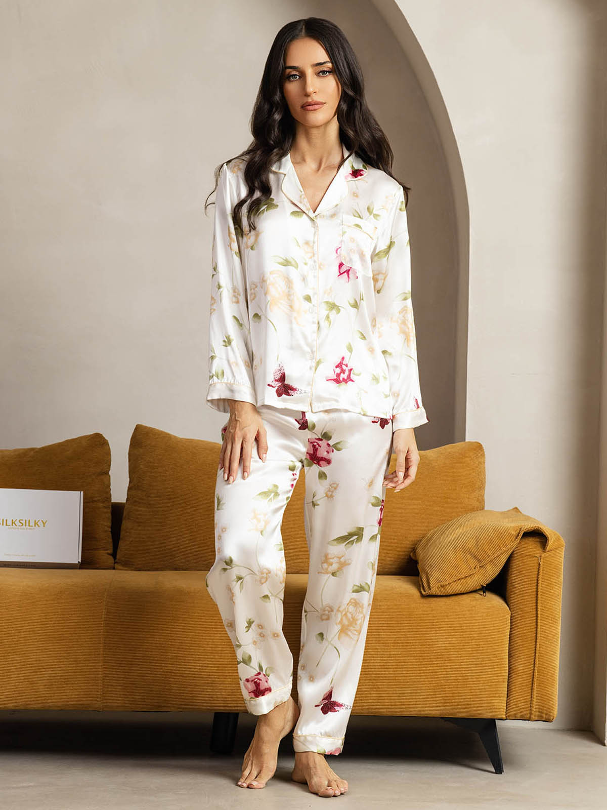 [Ivory Floral] SilkSilky-UK Pure Silk Womens Pajamas 001