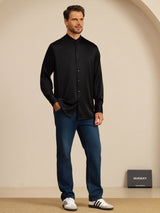 [Black] SilkSilky-UK Long Sleeve Stand Collar Men''s Shirt 008