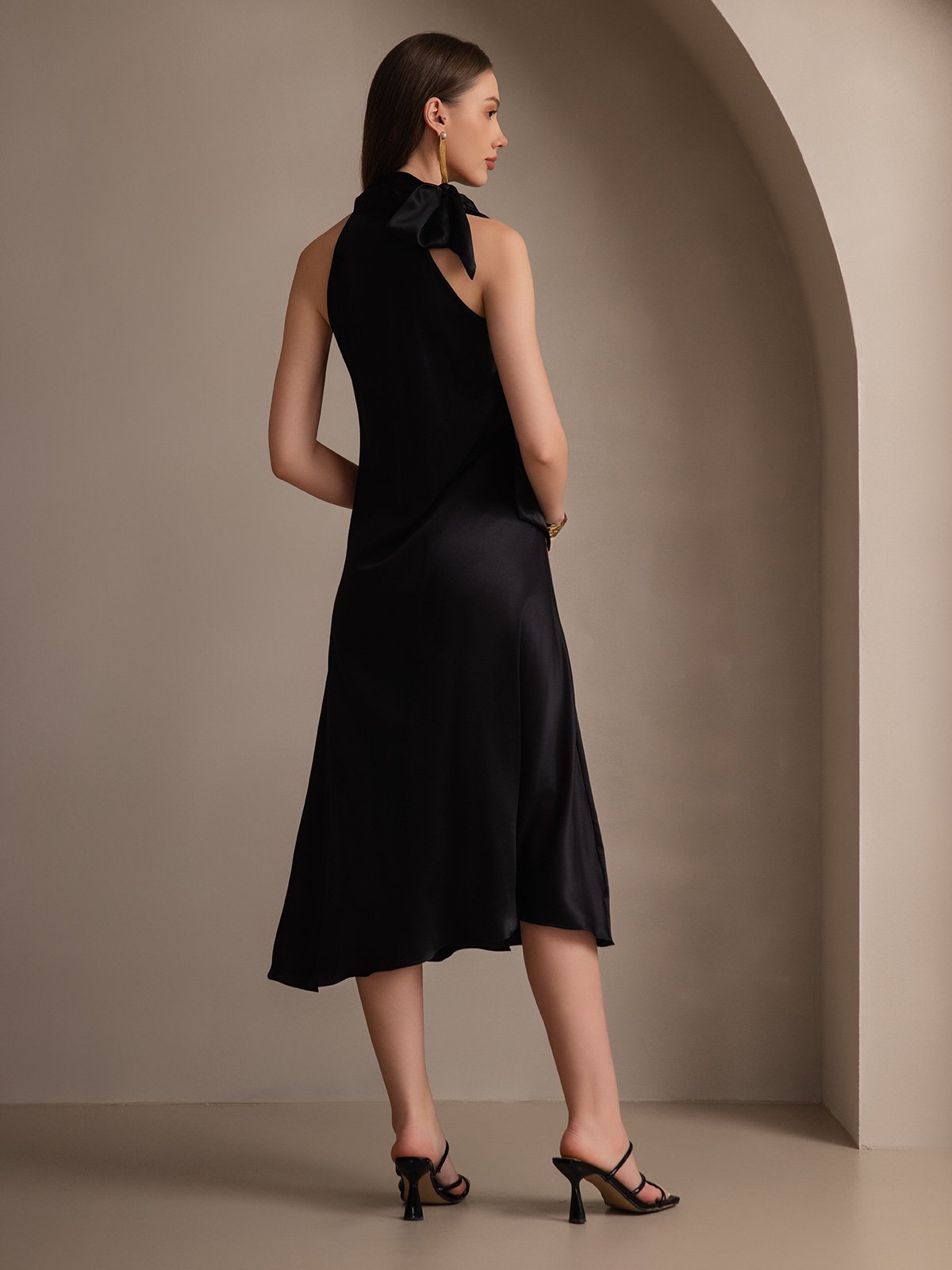 [Black] SilkSilky-UK 19Momme Silk Sleeveless Tie Neck Dress 002