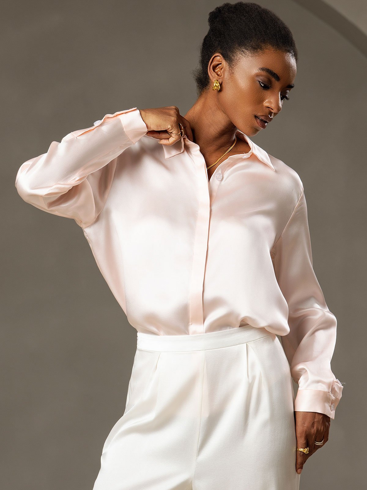 SilkSilky UK 19Momme Silk Long Sleeve Collar Women's Shirt Pink 005