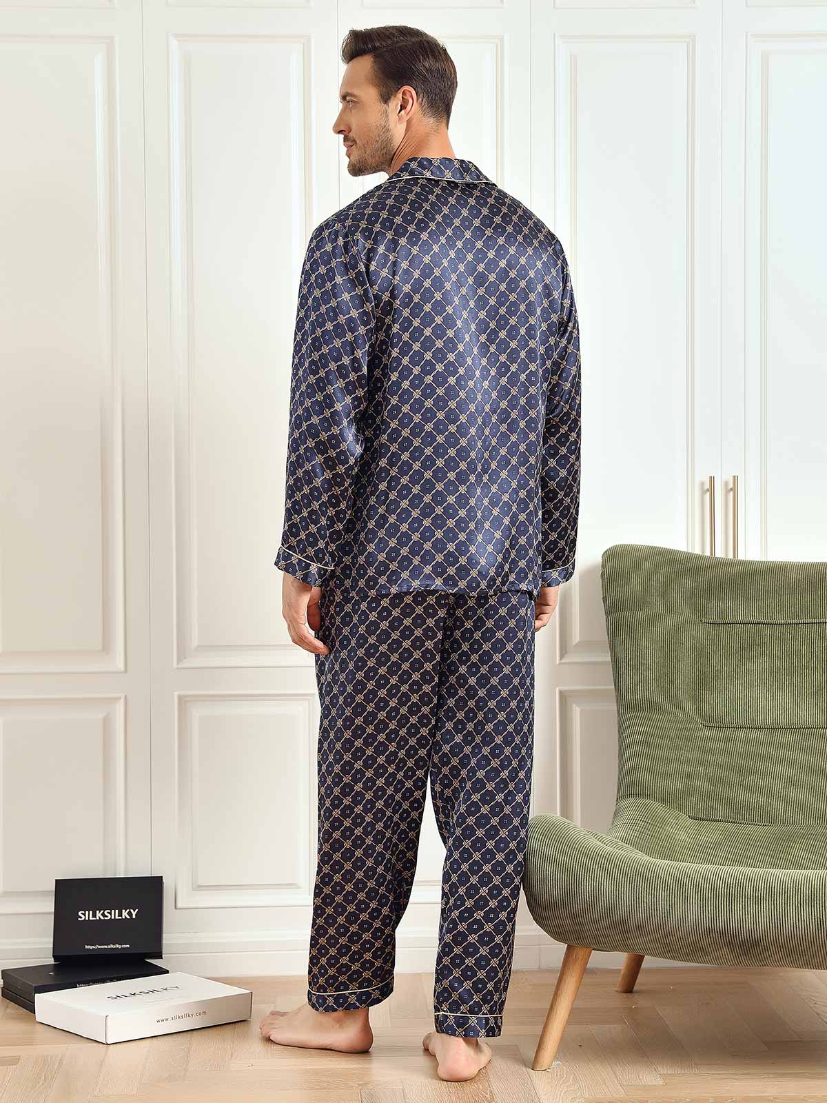 [Navy Chain] SilkSilky-UK 19Momme Pure Silk Mens Pajamas 003