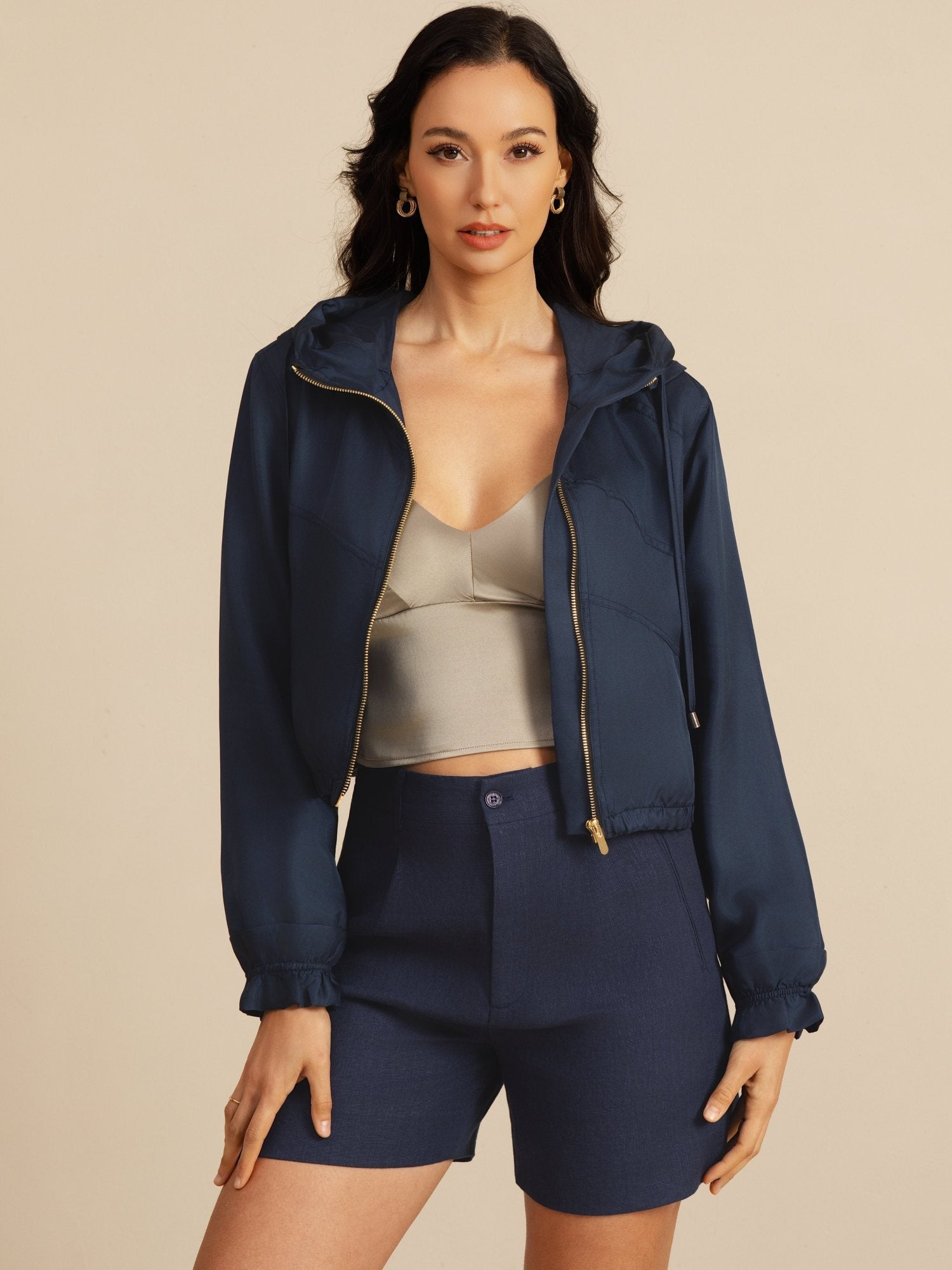 [DarkBlue] SilkSilky-UK 18Momme Silk Satin Surah Long Sleeve High Neck Women's Outerwear 006