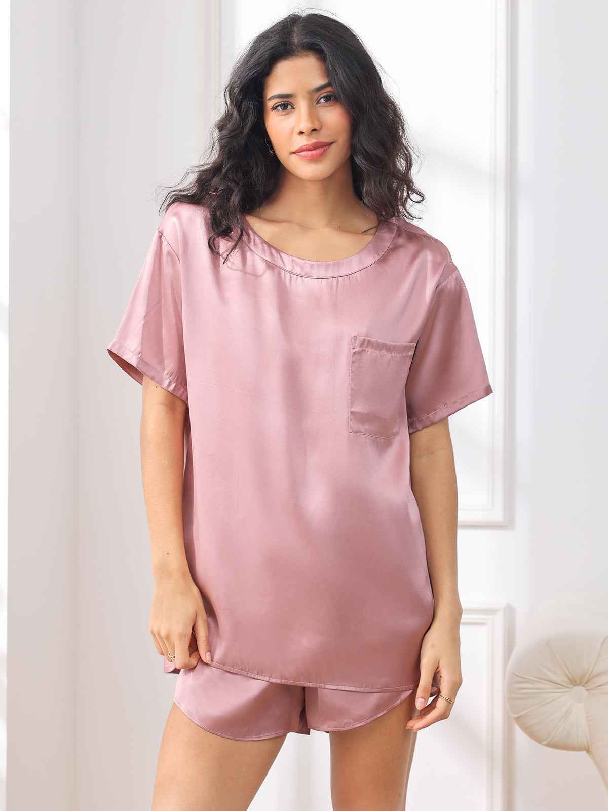 SilkSilky-UK Pure Silk Short Sleeve Round Neck Women's Pyjamas PaleMauve 001