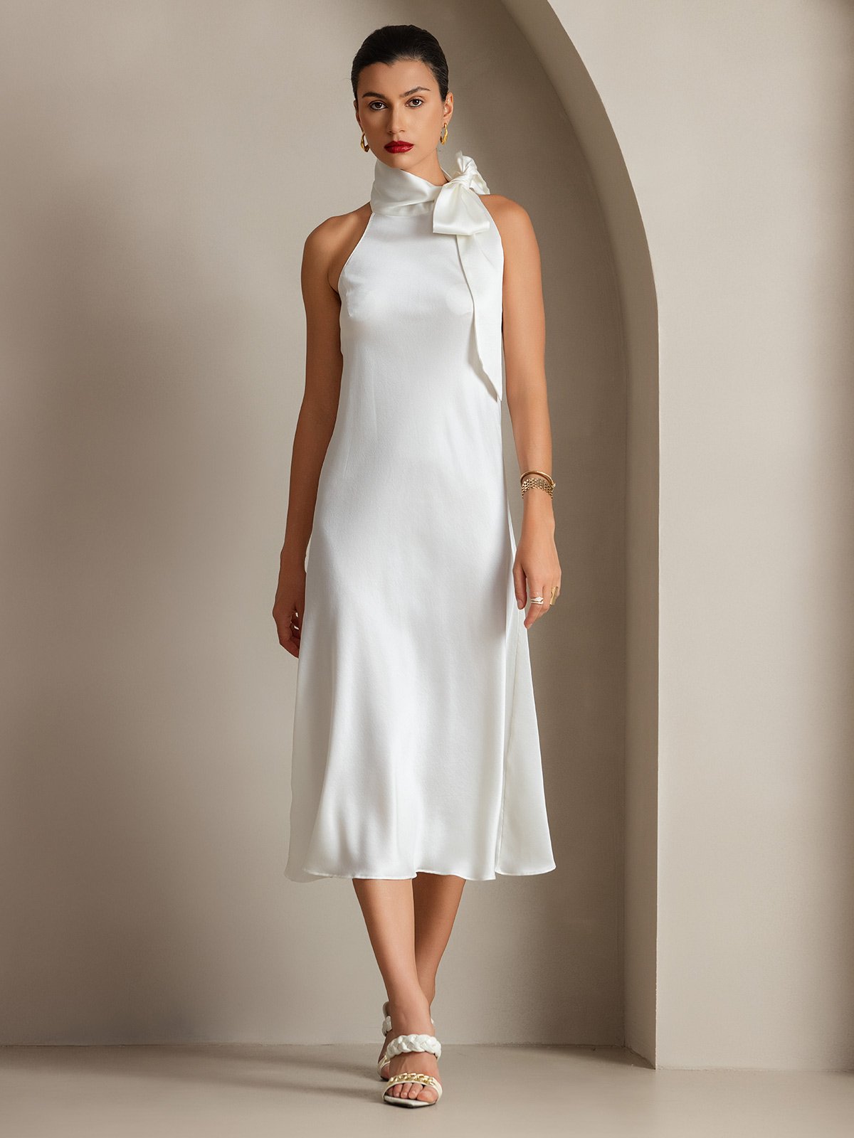 [White] SilkSilky-UK 19Momme Silk Sleeveless Tie Neck Dress 007