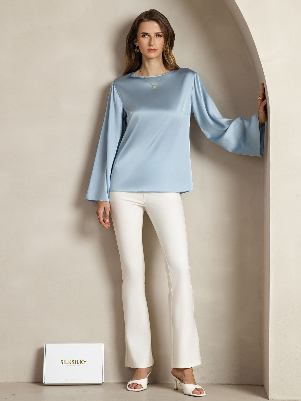 [Grayish Blue] SilkSilky-UK 19Momme Silk Round Neck Women's T-Shirt 003