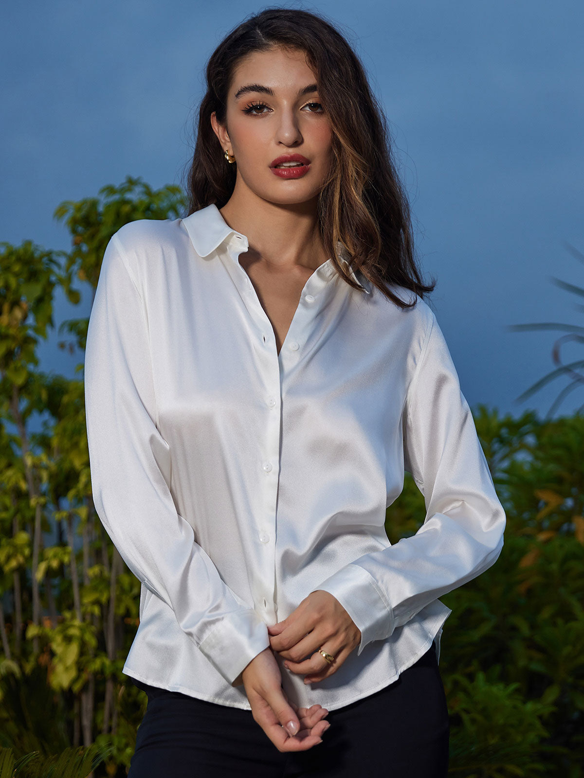 [White] SilkSilky-UK Silk Collar Women's Shirt 004