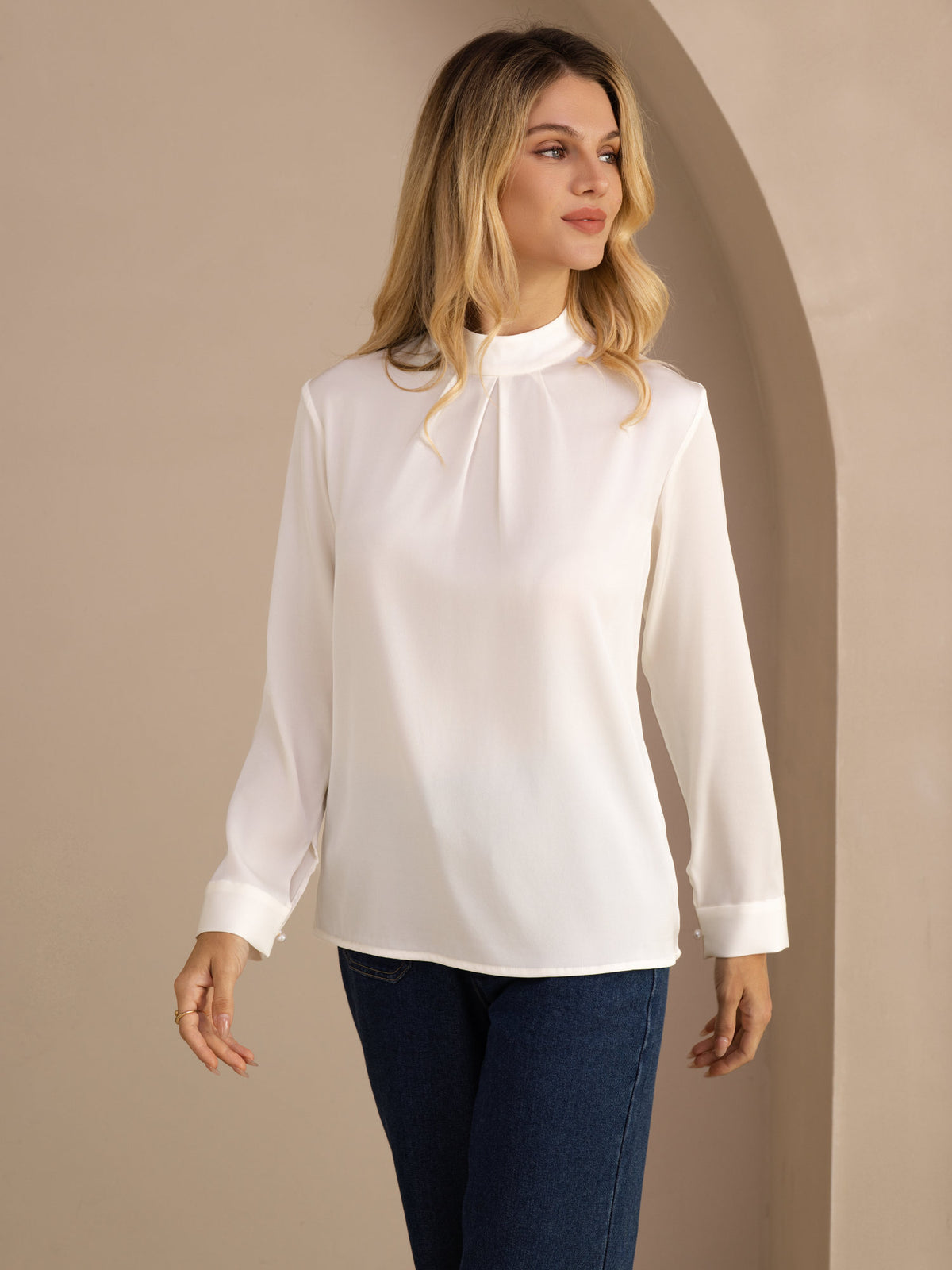 [White] SilkSilky-UK Long Sleeve Stand Collar Women's Blouse 001