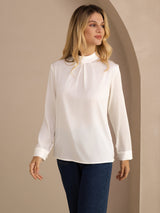 [White] SilkSilky-UK Long Sleeve Stand Collar Women's Blouse 001