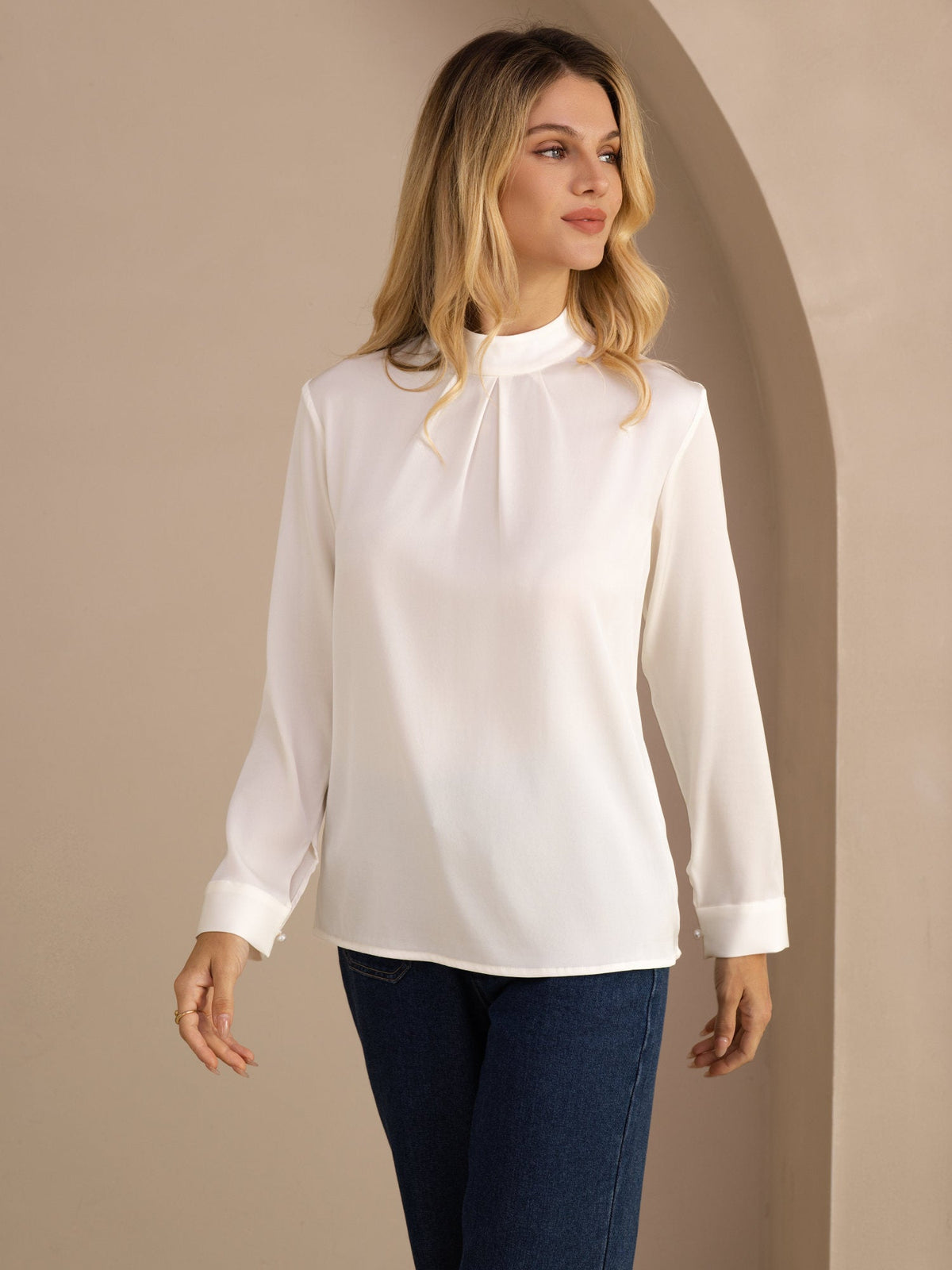 [White] SilkSilky-UK Long Sleeve Stand Collar Women's Blouse 001