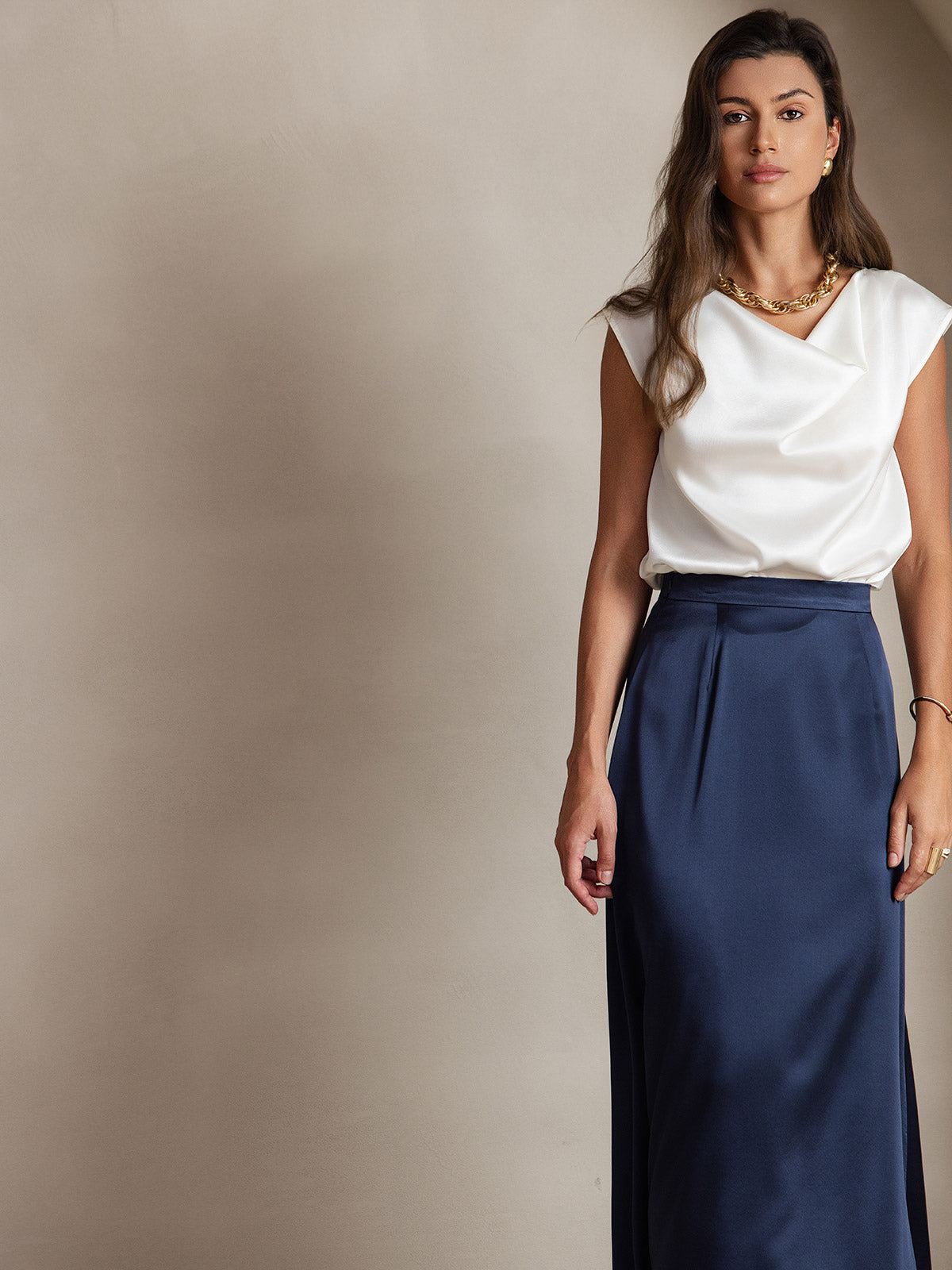 [White] SilkSilky-UK 19Momme Silk Cap Sleeve Cowl Neck Women's T-Shirt 003