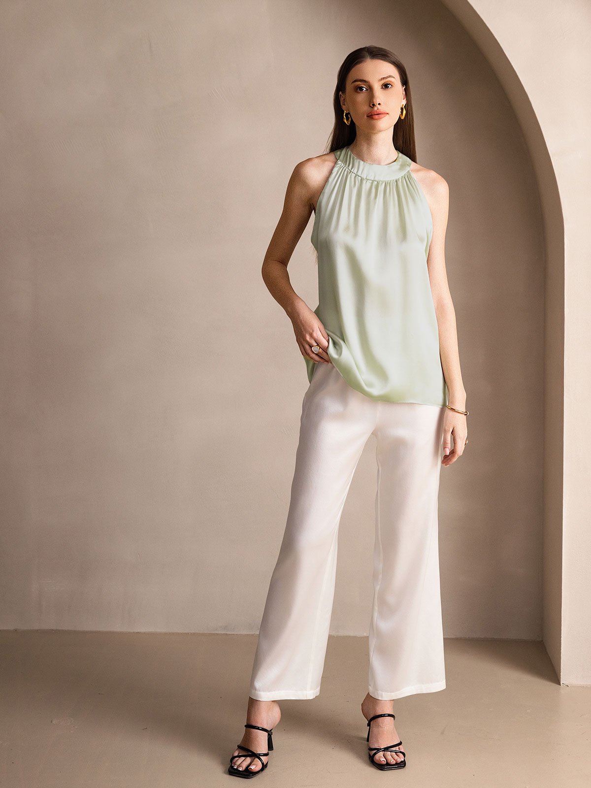 [Light Green] SilkSilky-UK 19Momme Silk Sleeveless Halter Neck Women's T-Shirt 005