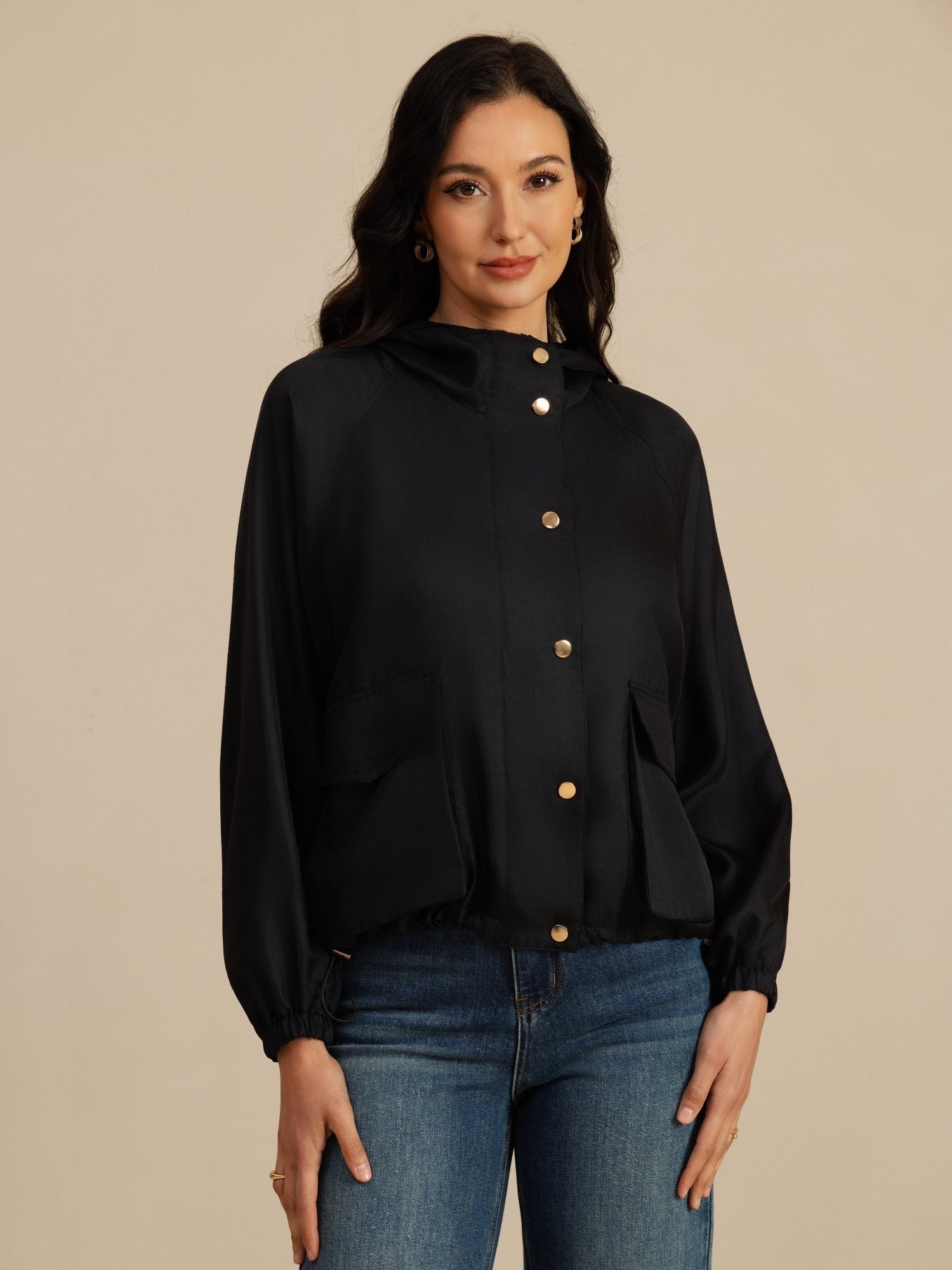 [Black] SilkSilky-UK Silk Satin Surah Long Sleeve High Neck Women's Outerwear 005