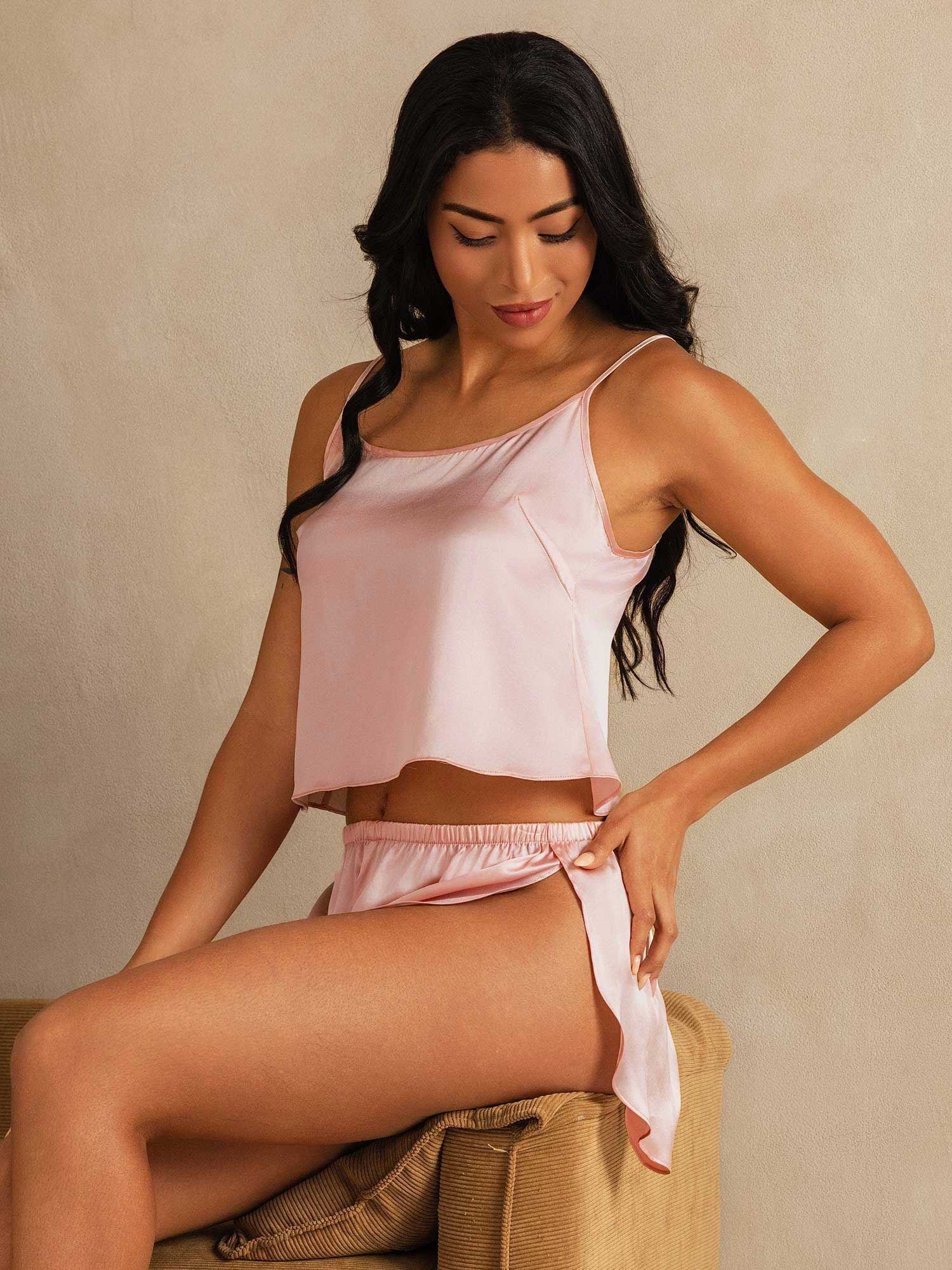 [Pink] SilkSilky-UK Pure Silk Round Neck Camisole Set 003