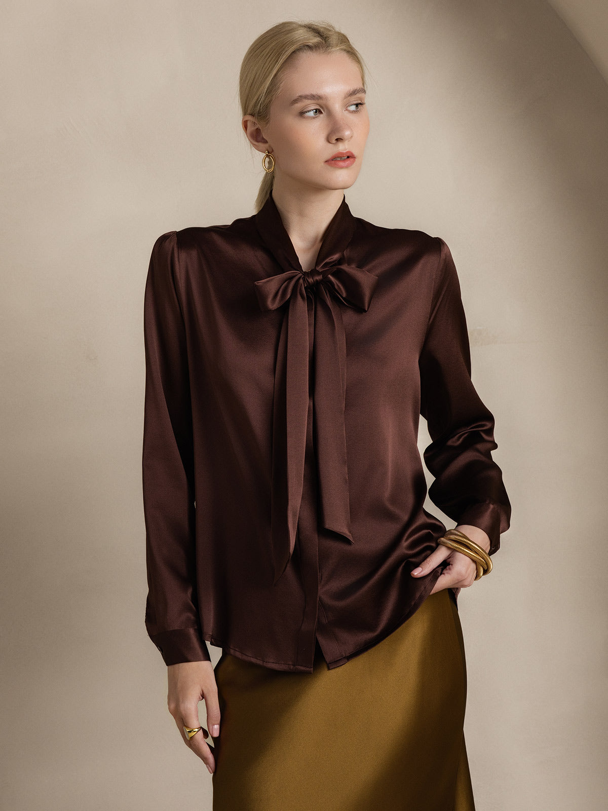 [Coffee] SilkSilky-UK 19Momme Silk Long Sleeve Tie Neck Women's Shirt 005