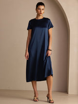 [Dark Blue] SilkSilky-UK Short Sleeve Round Neck Dress 003