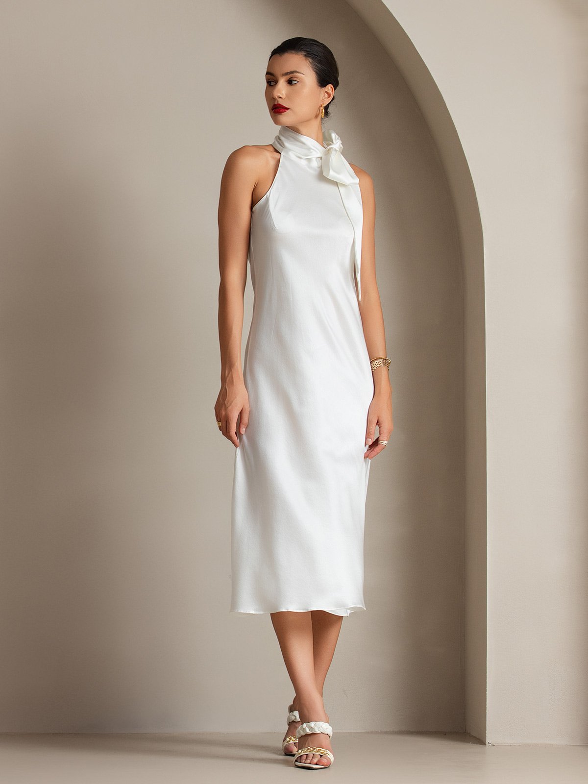 [White] SilkSilky-UK 19Momme Silk Sleeveless Tie Neck Dress 008