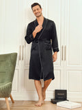 SilkSilky UK Pure Silk Long Sleeve Lapel Men's Dressing Gown Black 004