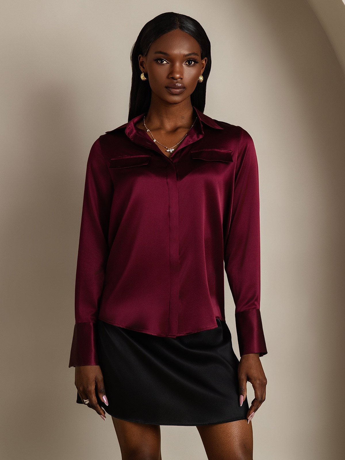 SilkSilky-UK 19Momme Silk Long Sleeve Collar Women's Shirt DarkRed 004
