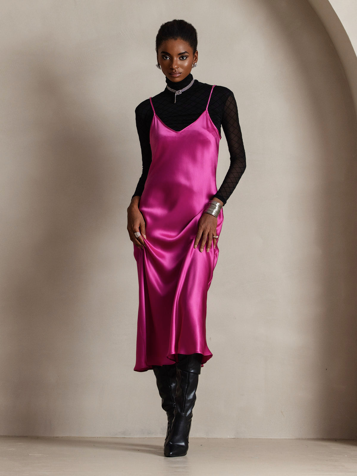 [Rose Red] SilkSilky-UK Pure Silk Round Neck Dress 006