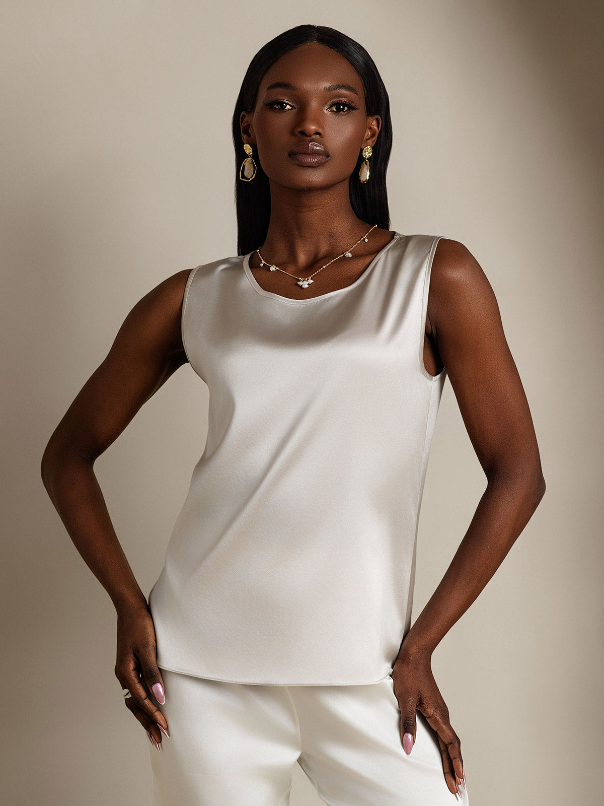 [Light Gray] SilkSilky-UK 19Momme Silk Round Neck Camisole 001